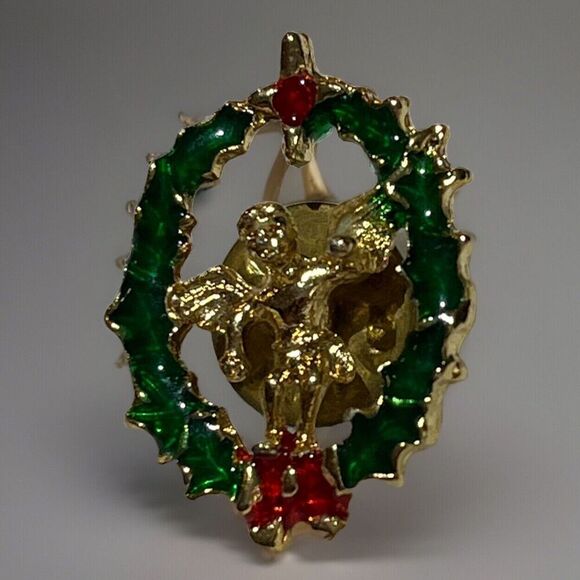 Angel in Wreath with Red Star Vintage Lapel Pin Christmas - Picture 3 of 6